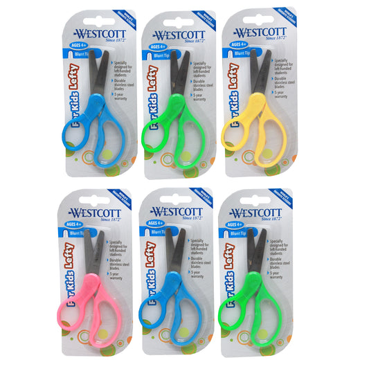 5" Lefty Hard Handle Kids Scissors, Blunt, Assorted Colors (No Color Choice), Pack of 6