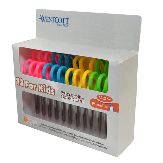 Kids Pointed 5" Scissors with Storage Rack, Anti-Microbial Protection, Assorted Colors, Set of 12