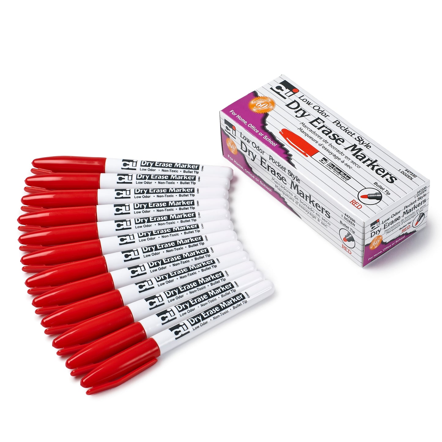 Dry Erase Markers, Low Odor, Pocket Style, Bullet Tip, Red, 12 Per Box, 3 Boxes