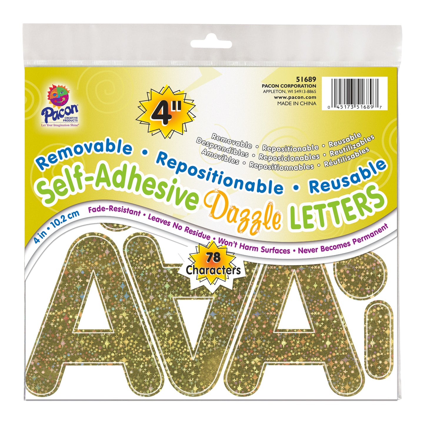 Self-Adhesive Letters, Gold Dazzle, Puffy Font, 4", 78 Per Pack, 2 Packs