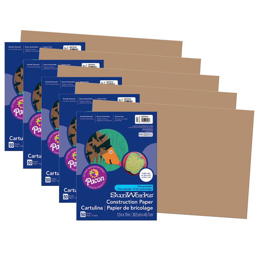 Construction Paper, Light Brown, 12" x 18", 50 Sheets Per Pack, 5 Packs